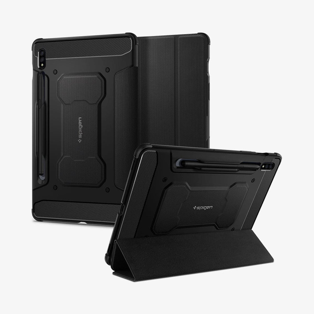 ACS06538 - Galaxy Tab S9 Ultra Case Rugged Armor Pro in black showing the back with pen in slot
