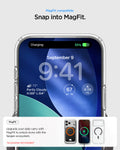 ACS10036 - iPhone 17 Pro Max Ultra Hybrid (MagFit) in Clear Graphite showing magfit compatible. snap into magfit. upgrade your daily carry with magfit to unlock more with the spigen ecosystem.