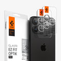 AGL05599 - iPhone 15 Pro / 15 Pro Max Optik Pro Lens Protector in silver showing the device, two lens protectors and packaging