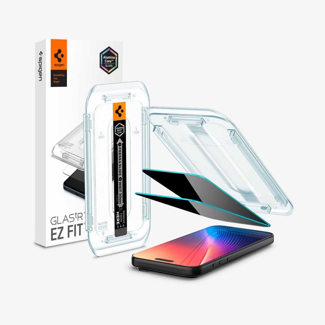 AGL07908 - iPhone 17 Pro Max GLAS.tR EZ Fit Privacy showing the installation tray hovering above the 2 screen protector and the device, beside it is another installation tray with case